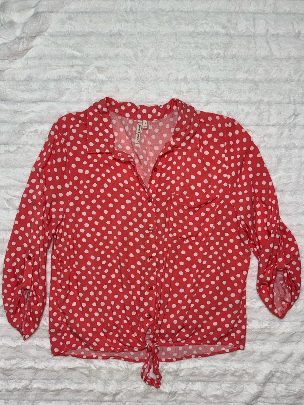grand & greene Coral Polka Dot Tie-Front Blouse